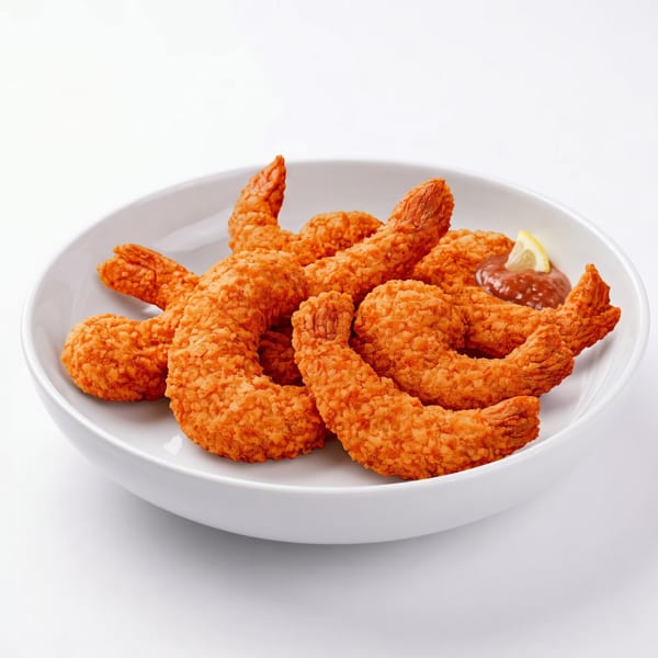 Crispy breaded shrimp with cocktail sauce and a lemon wedge in a white bowl.
