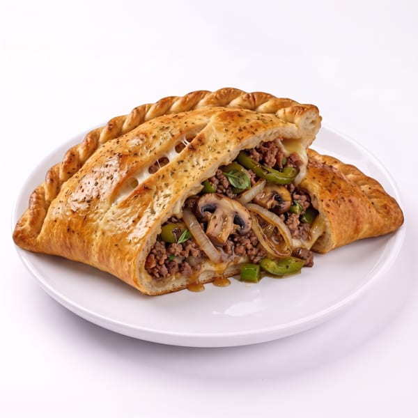 A golden-brown calzone, sliced open to reveal a savory filling of ground meat, mushrooms, onions, and green peppers.