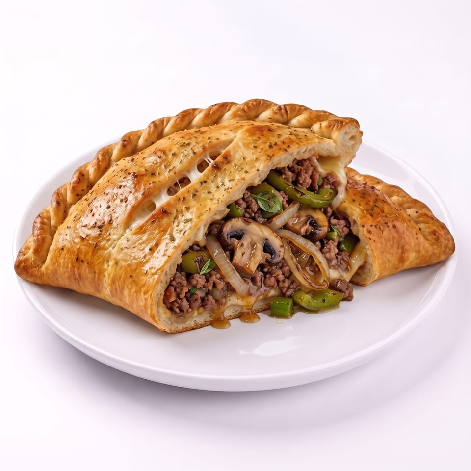 A golden-brown calzone, sliced open to reveal a savory filling of ground meat, mushrooms, onions, and green peppers.
