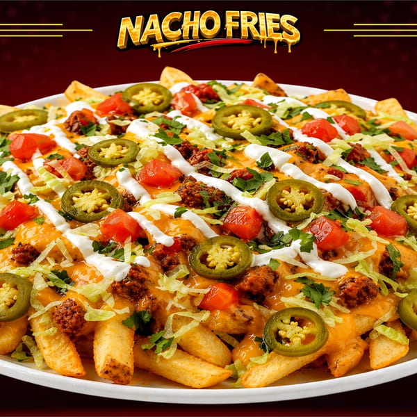 A large platter of Nacho Fries topped with cheese, ground beef, tomatoes, jalapeños, and sour cream.