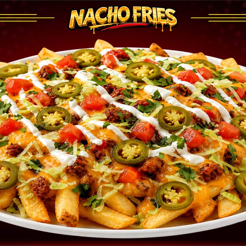 A large platter of Nacho Fries topped with cheese, ground beef, tomatoes, jalapeños, and sour cream.