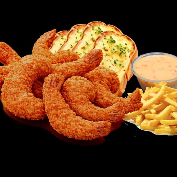Crispy fried shrimp, garlic bread, french fries, dipping sauce, and a Baby's soda.