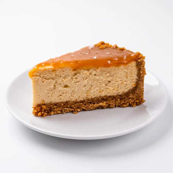 Slice of cheesecake with a graham cracker crust, topped with caramel sauce and sea salt.
