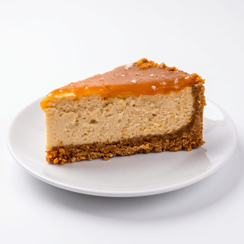 Slice of cheesecake with a graham cracker crust, topped with caramel sauce and sea salt.