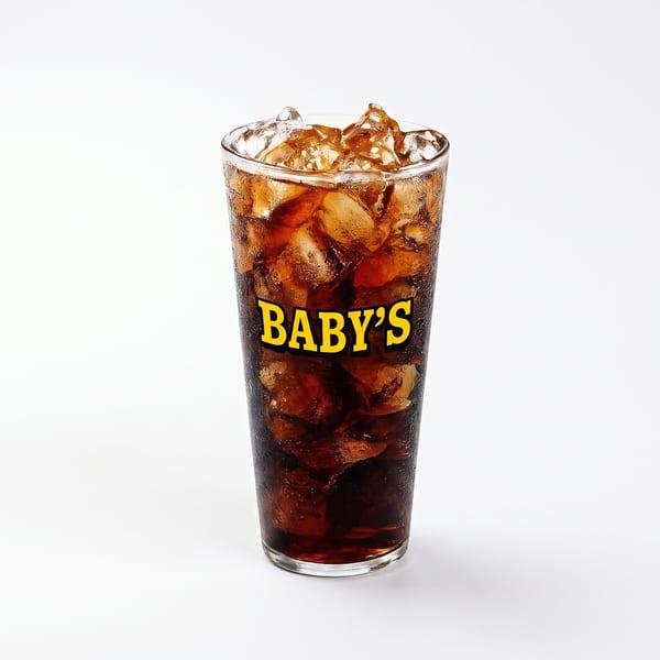 A glass of Baby's branded soda with ice, condensation on the glass, against a white background.