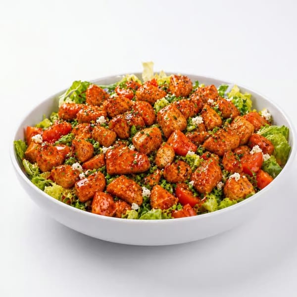 A large white bowl filled with a salad of lettuce, tomatoes, and buffalo chicken pieces.