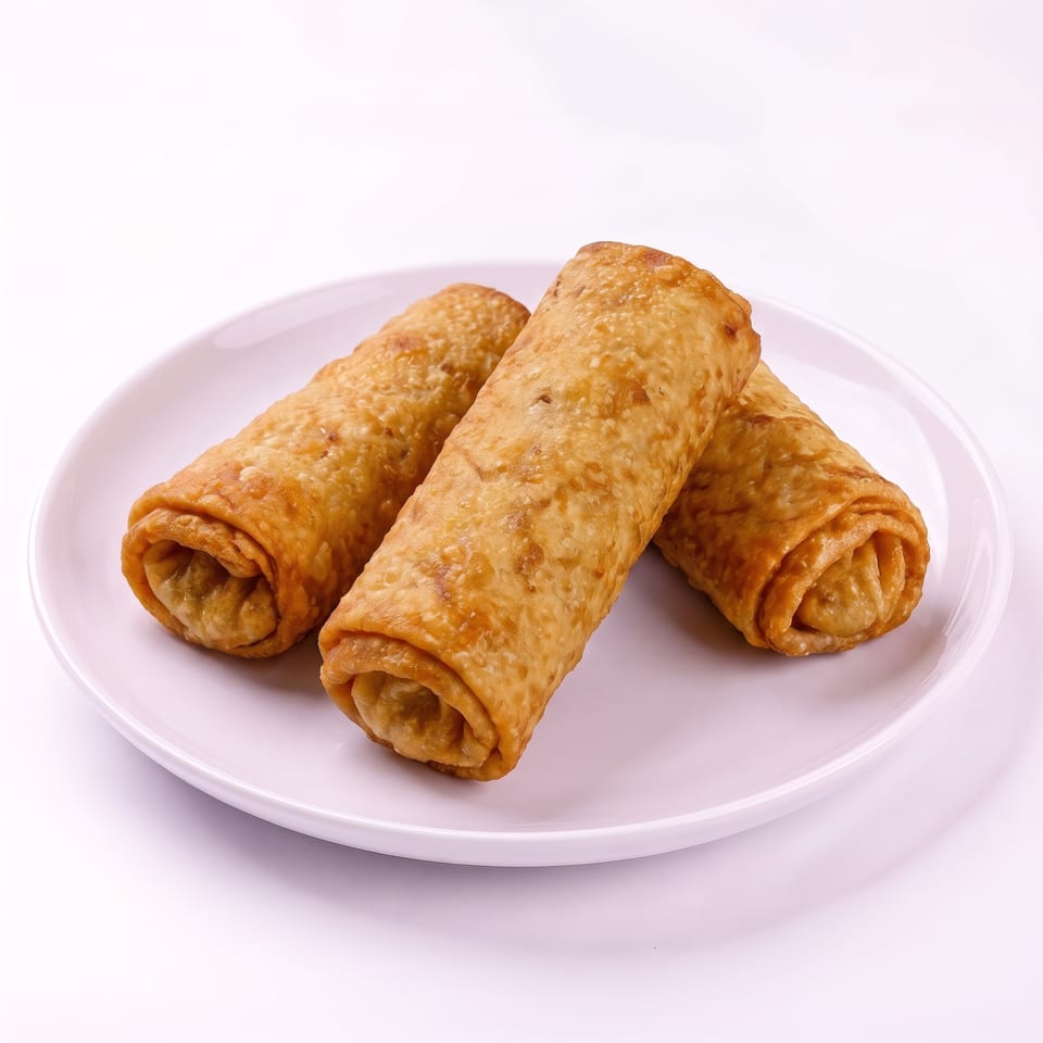 Three golden-brown fried spring rolls are arranged on a white plate against a white background.