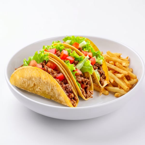 Three hard-shell tacos filled with ground beef, lettuce, and diced tomatoes, served with french fries.