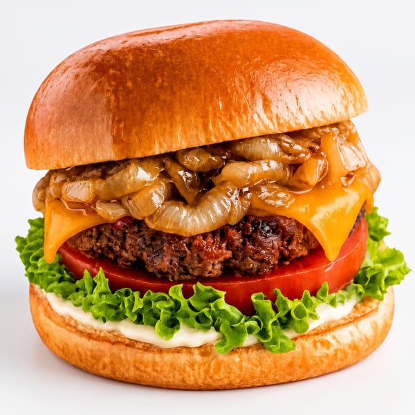 A juicy burger with caramelized onions, melted cheese, tomato, lettuce, and mayonnaise on a brioche bun.