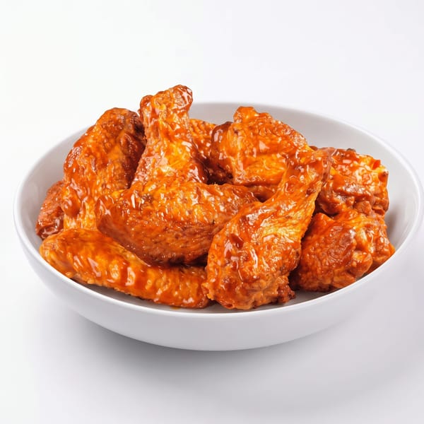 A white bowl filled with glistening, orange-sauced chicken wings on a white background.