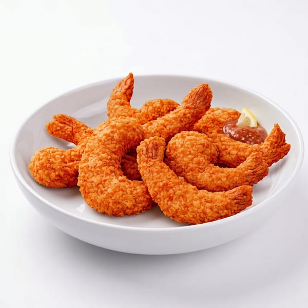 Crispy breaded shrimp with cocktail sauce and a lemon wedge in a white bowl.