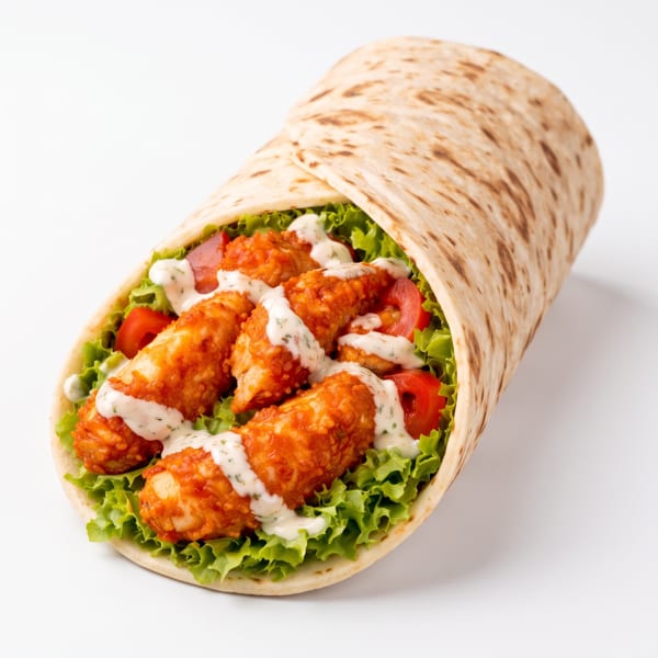 Chicken strip wrap with lettuce, tomatoes, and ranch dressing, on a white background.
