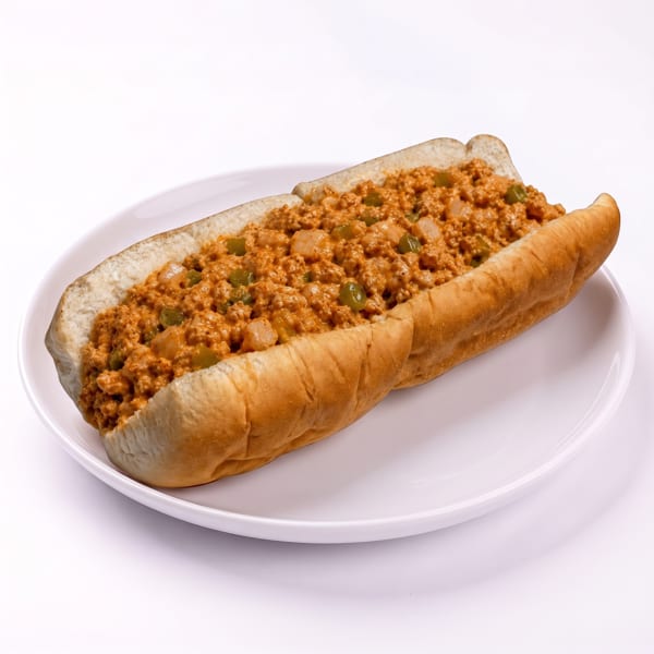 A chili dog with ground meat, diced onions, and green peppers on a white plate.