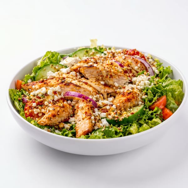 Grilled chicken salad with lettuce, cucumbers, tomatoes, red onions, and feta cheese in a white bowl.