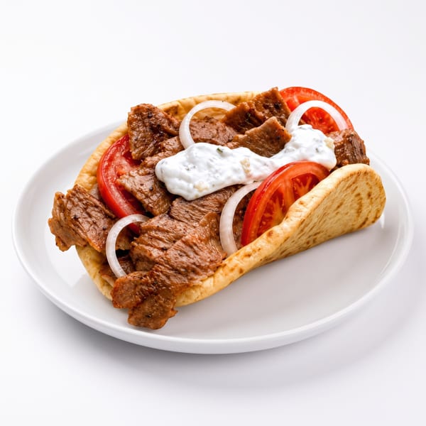 A gyro with meat, tomatoes, onions, and tzatziki sauce on a white plate.